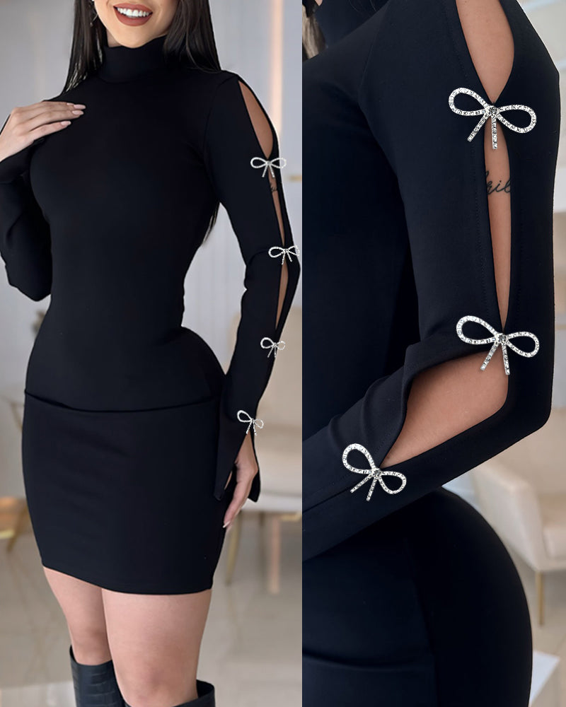 Women Beaded Lace-Up Hollow Long Sleeve Dress 4