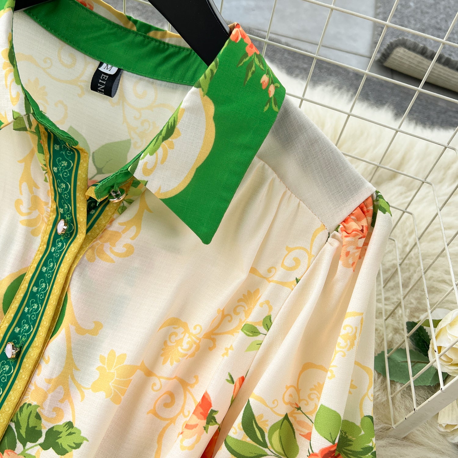 Women French retro print color matching shirt dress 16