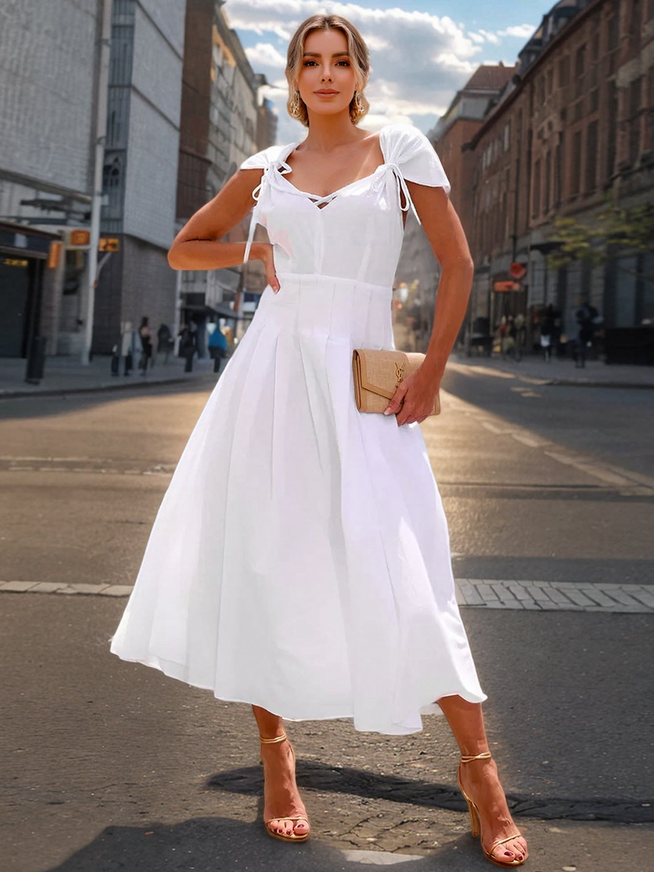 Women Elegant V-Neck Lace-Up Summer Dress 10