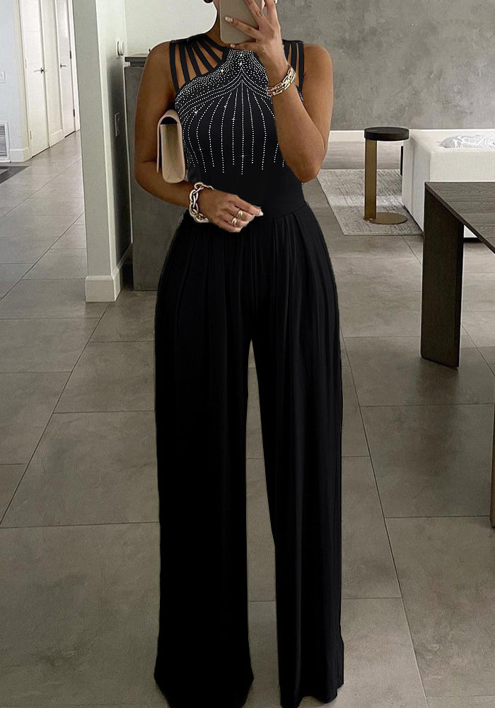 Slim Waist Hollow Out One-Piece Solid Summer Beaded Wide-Leg Jumpsuit