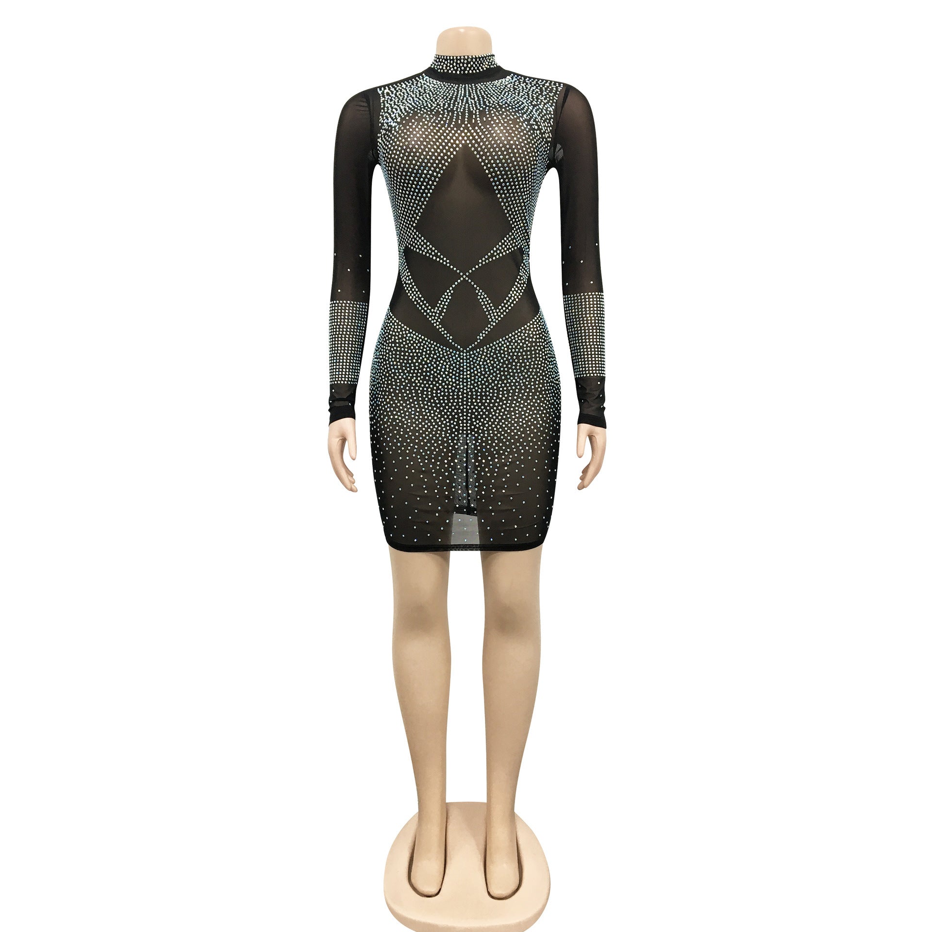 Women Sexy Beaded Mesh See-Through Bodycon Dress 4