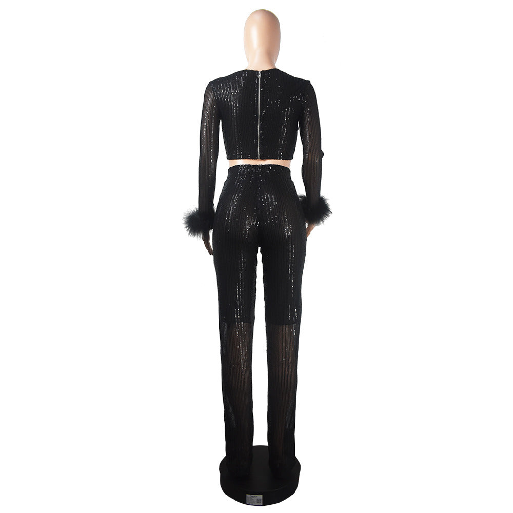 Autumn and winter long sequined feather hollow-out slim long-sleeved party Jumpsuit 11