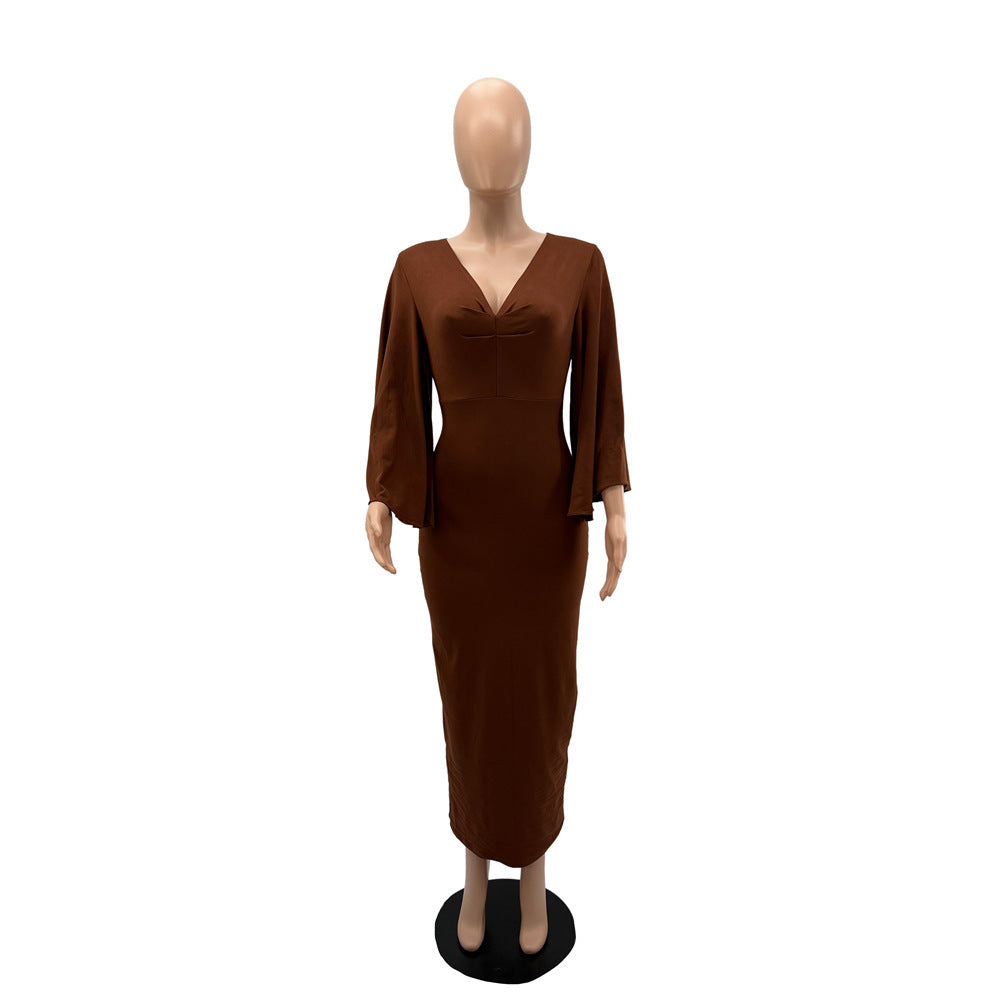 Chic Elegant Bat Sleeves V-Neck Slim Midi Women's Dress 9