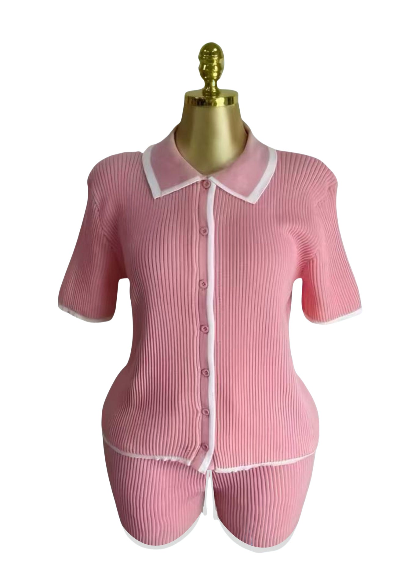 Turndown Collar Short-Sleeve Knit Top & High-Waist Shorts Set 8