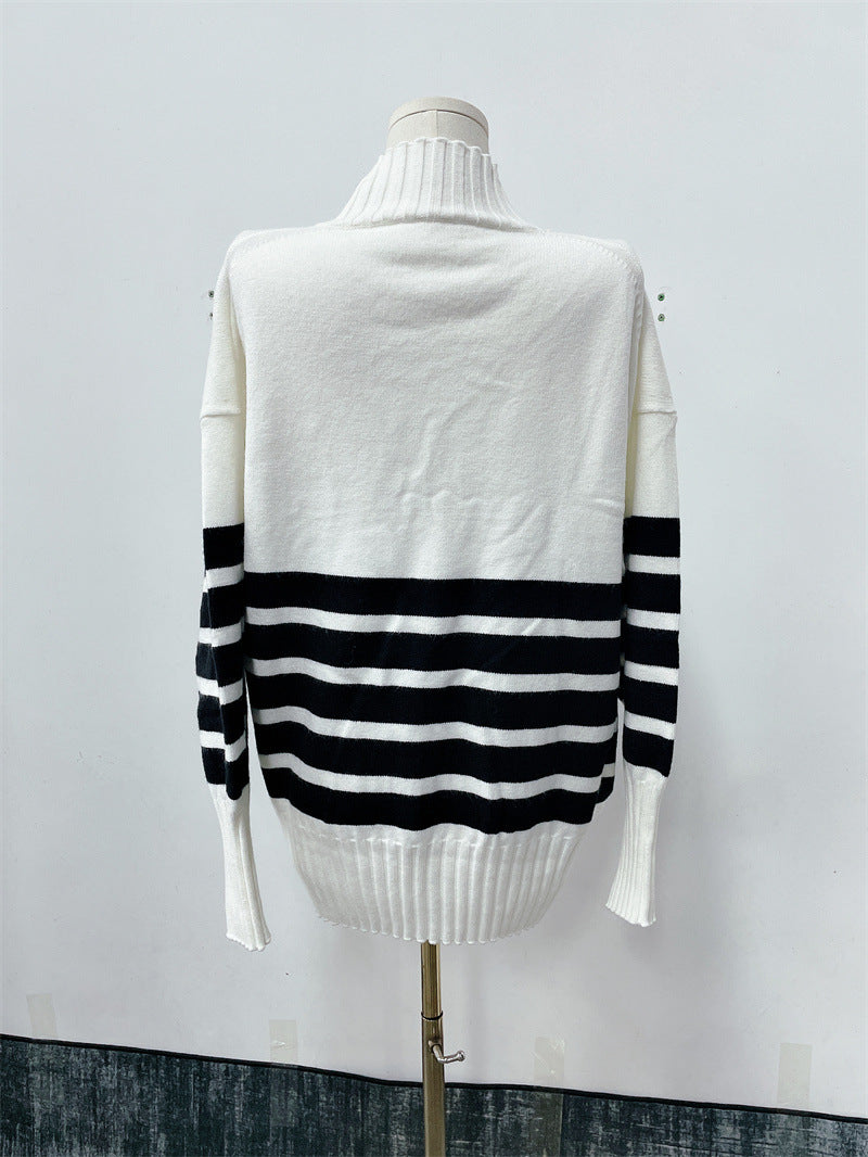 Women autumn and winter black and white striped high collar knitting sweater 11