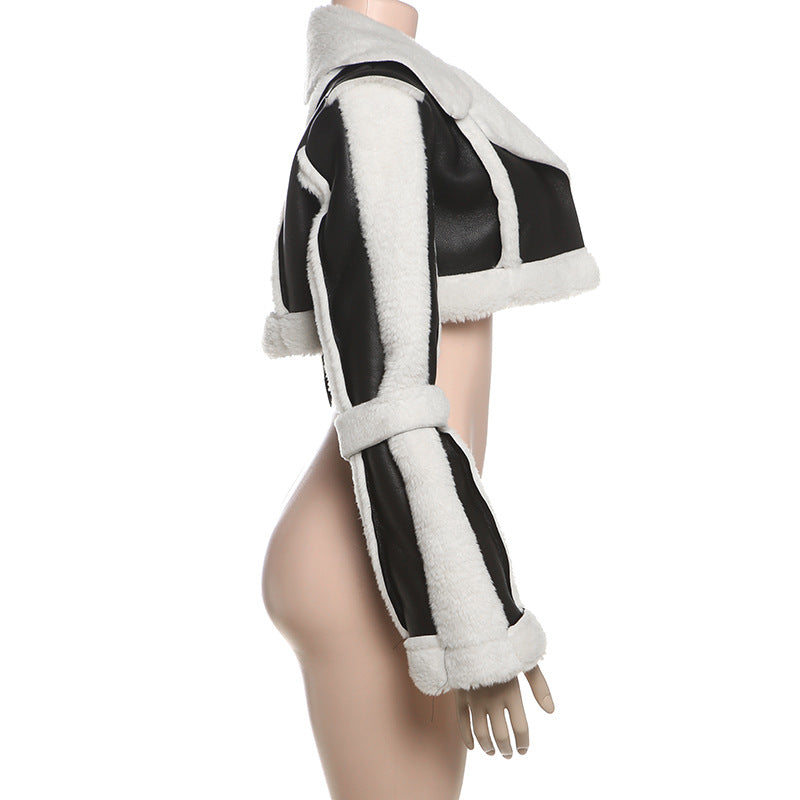 Autumn High Street PU Leather Patchwork Fur Collar Cropped Jacket 12