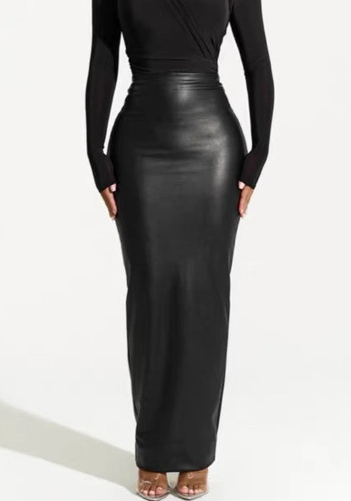 Women Autumn and Winter Black Bodycon Zipper Pu-Leather Skirt 3