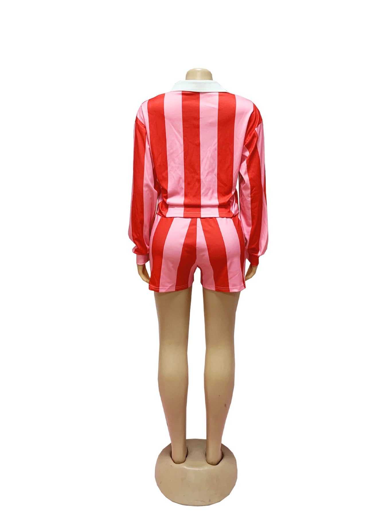 Women Summer Casual Striped Turndown Collar Top and Shorts Two-Piece Set 16