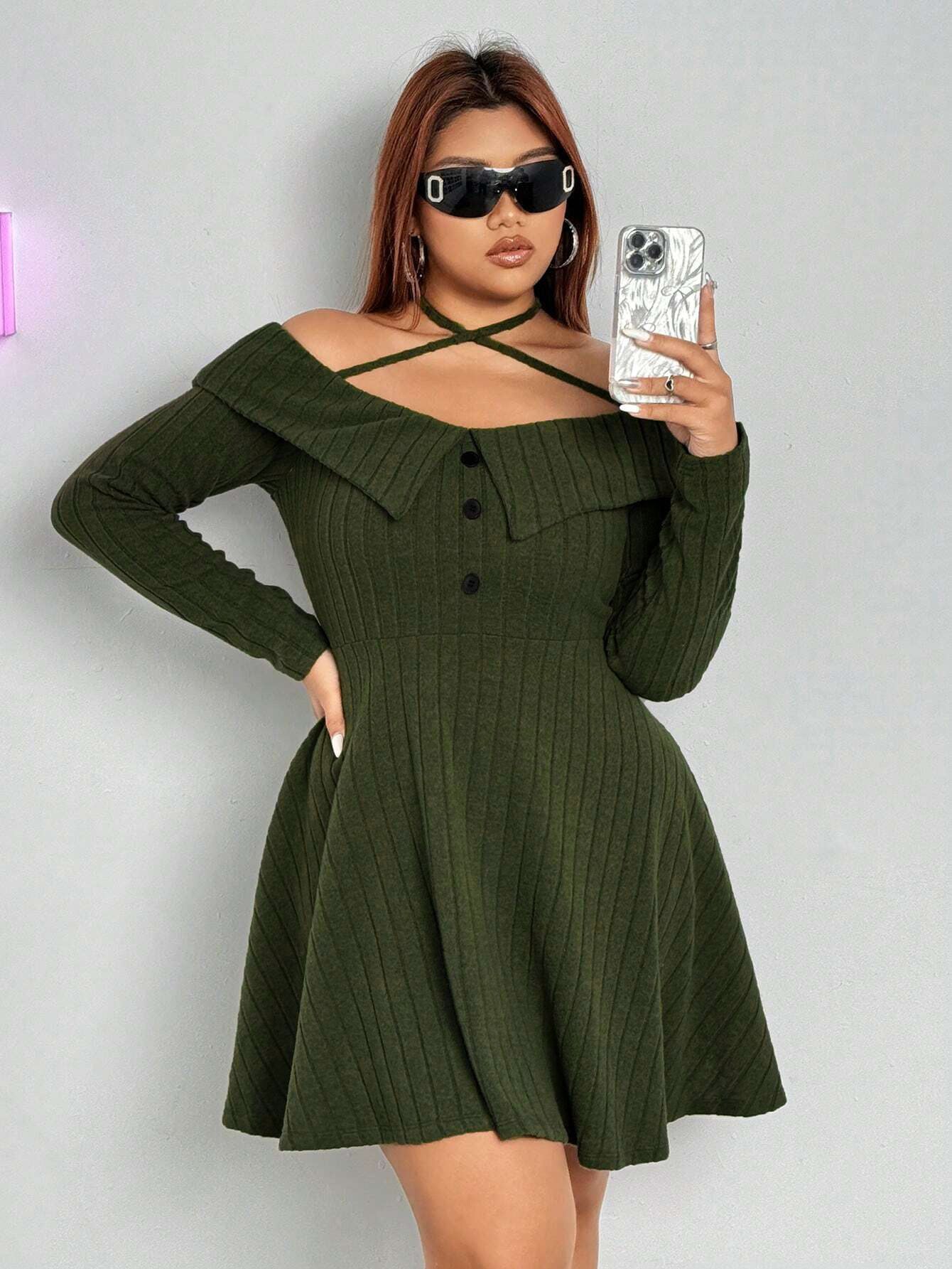 Autumn And Winter Plus Size Women's Sexy Trendy Halter Neck Off-Shoulder Short Dress 6