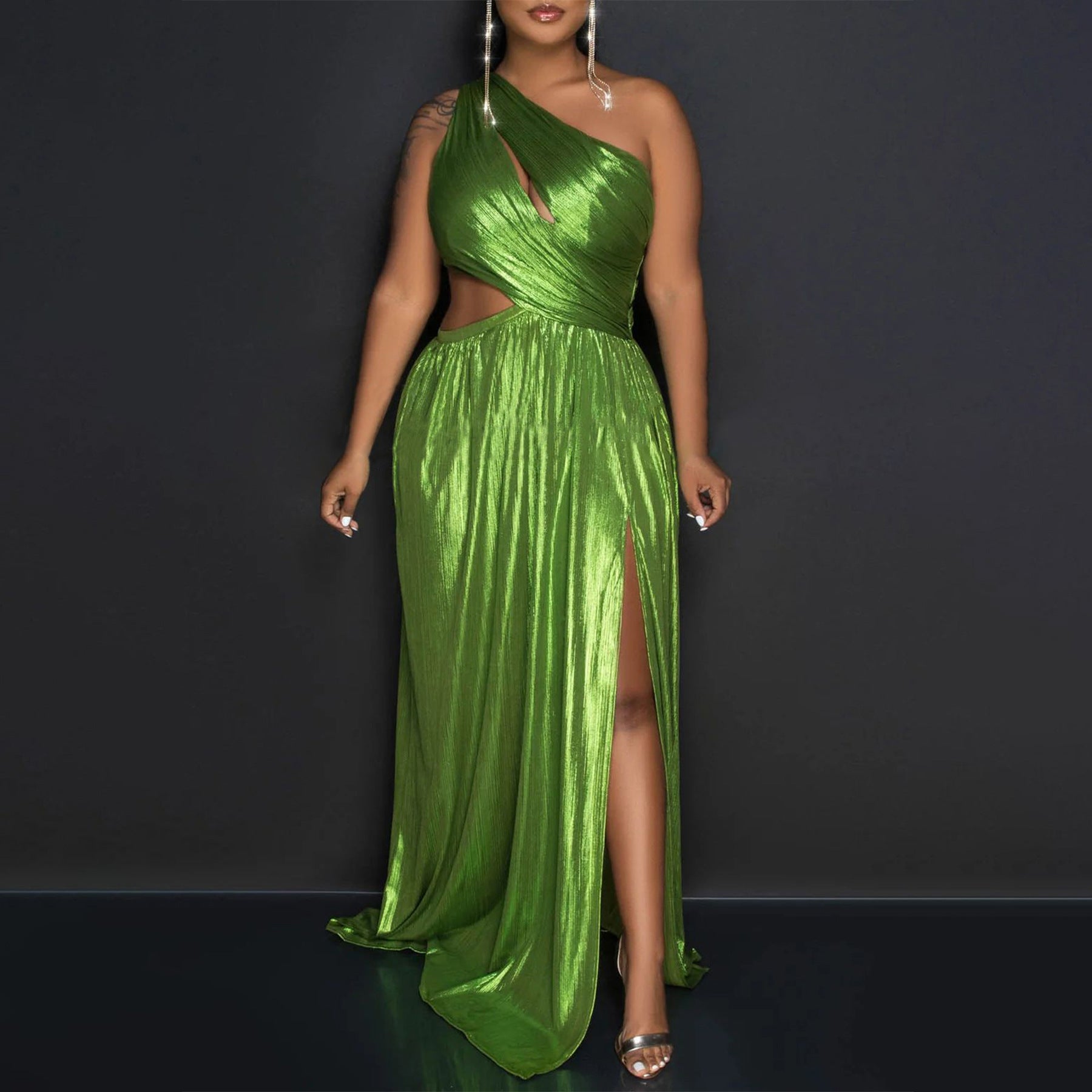 Women's One-Shoulder Evening Gown Sexy High-Slit Open Waist Dress 4