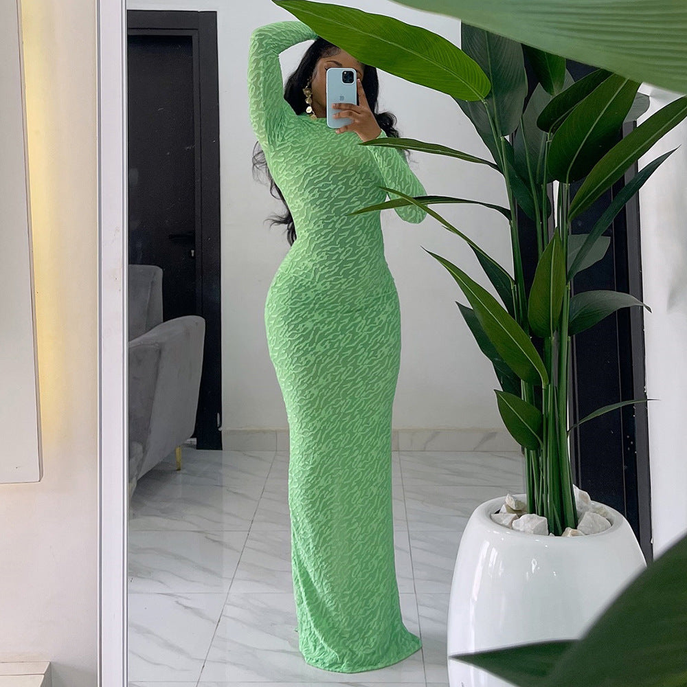 Autumn Round Neck Long Sleeve Flocking Slim Women Dress