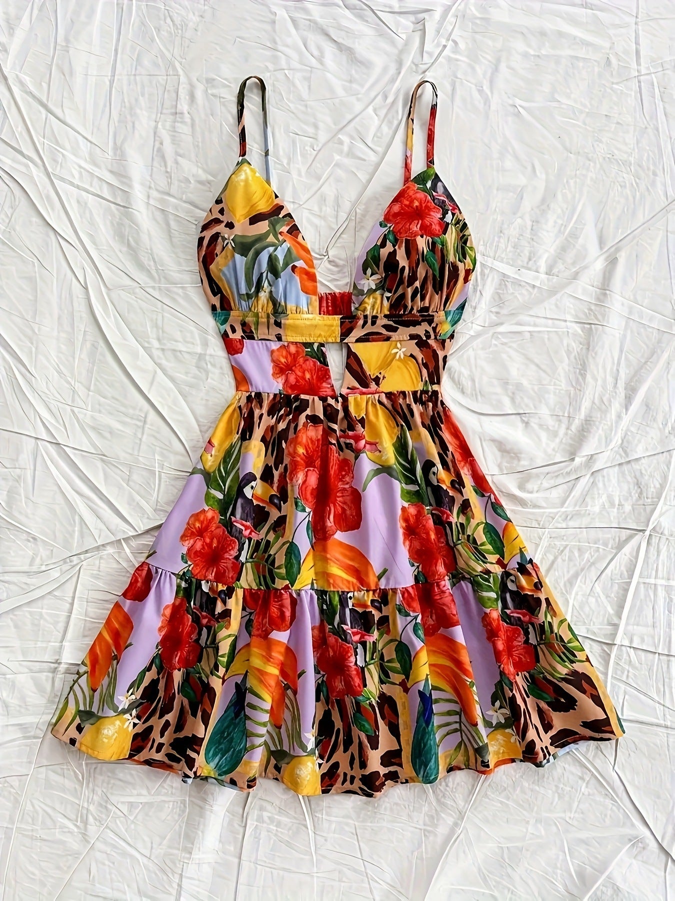 Women flower print hollow suspender V-neck backless sexy holidays beach dress