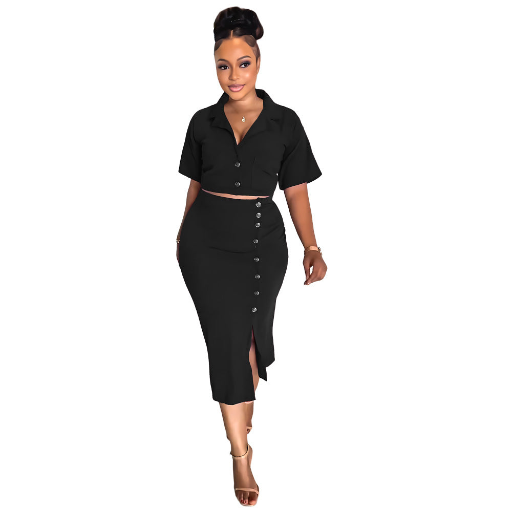 Women Summer Polo Neck Short Sleeve Blazer and Slit Skirt Career Two-Piece Set 11