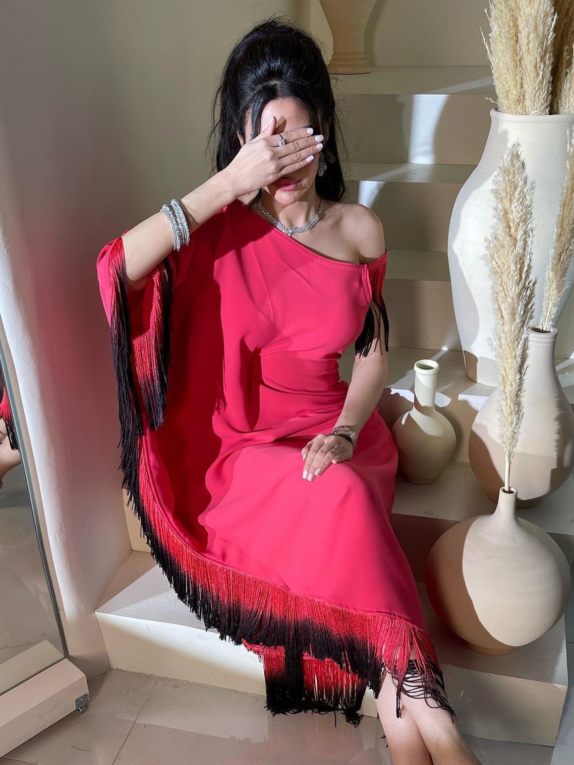 Women Tassel Slash Shoulder Irregular Dress 7