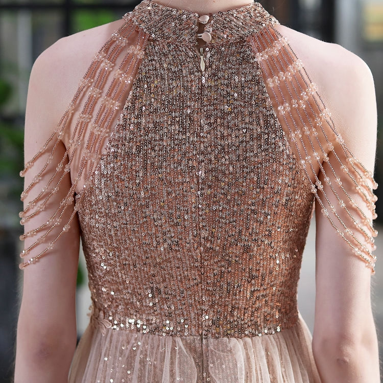 Summer Occassional Gold Sequin Mesh Patch Halter Evening Dress 6