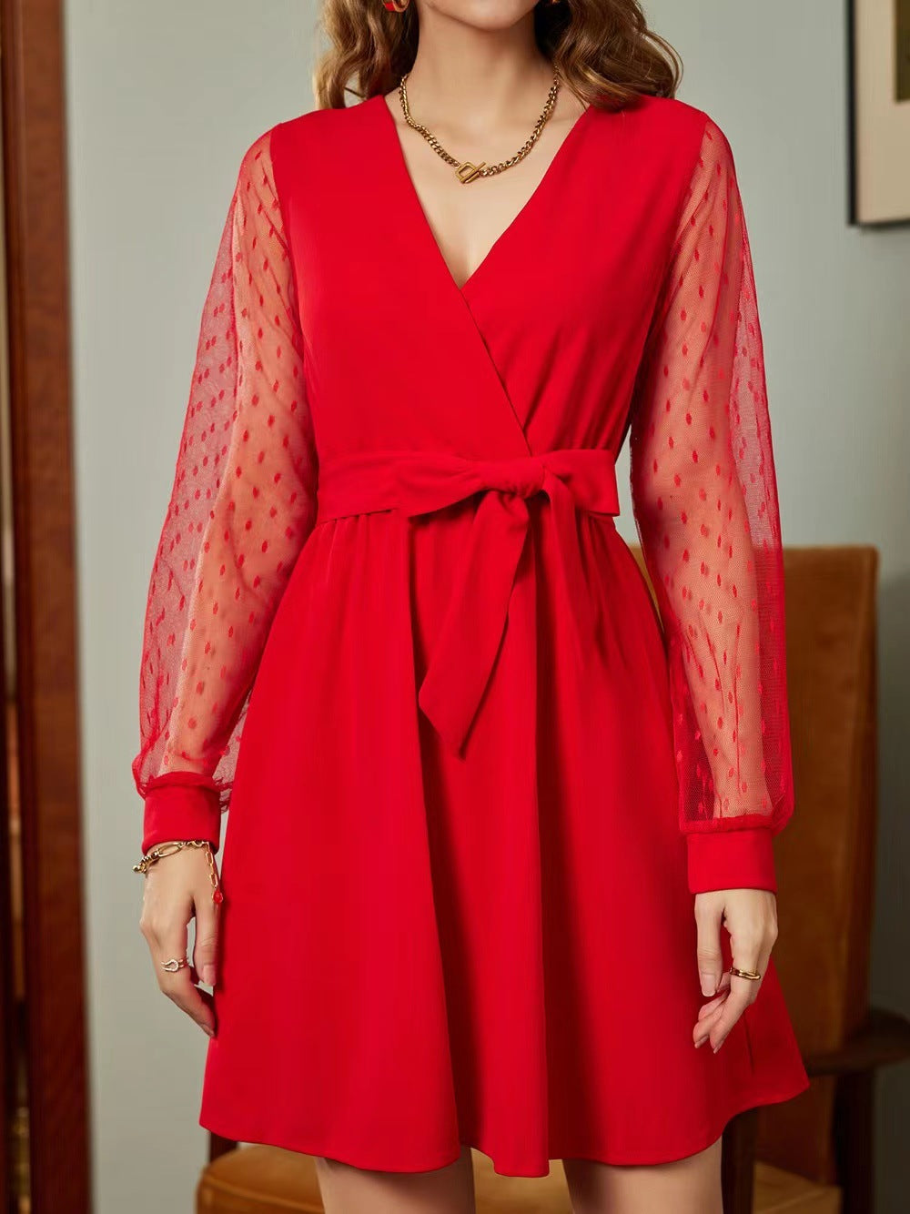 Women Lace V Neck Long Sleeve Dress 6