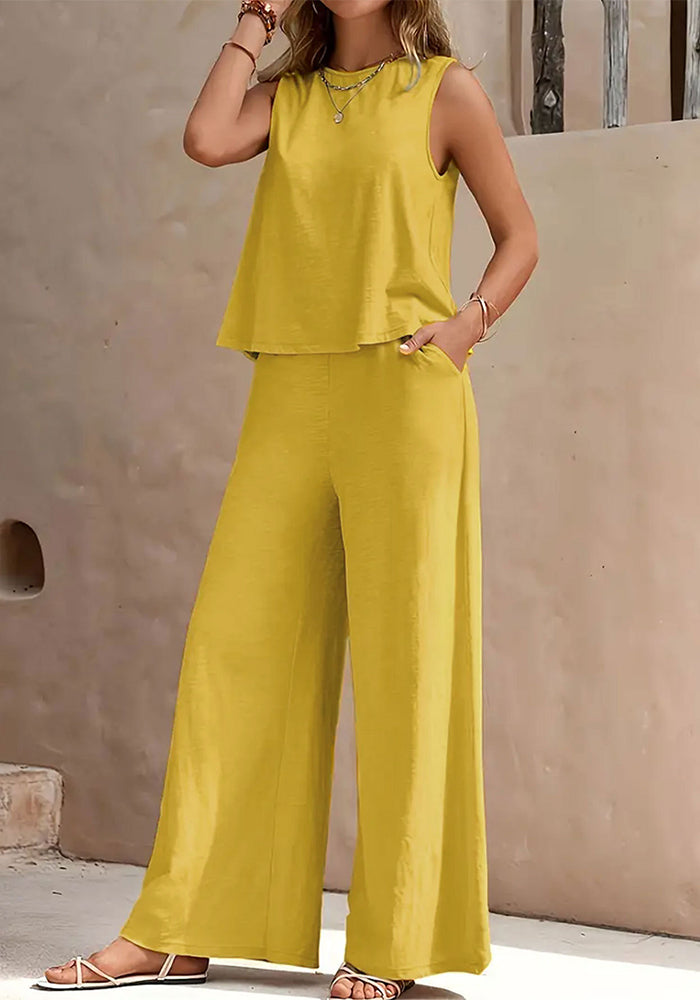 Plus Size Women Summer Casual Sleeveless Vest + Wide-leg Pants Two-piece Set