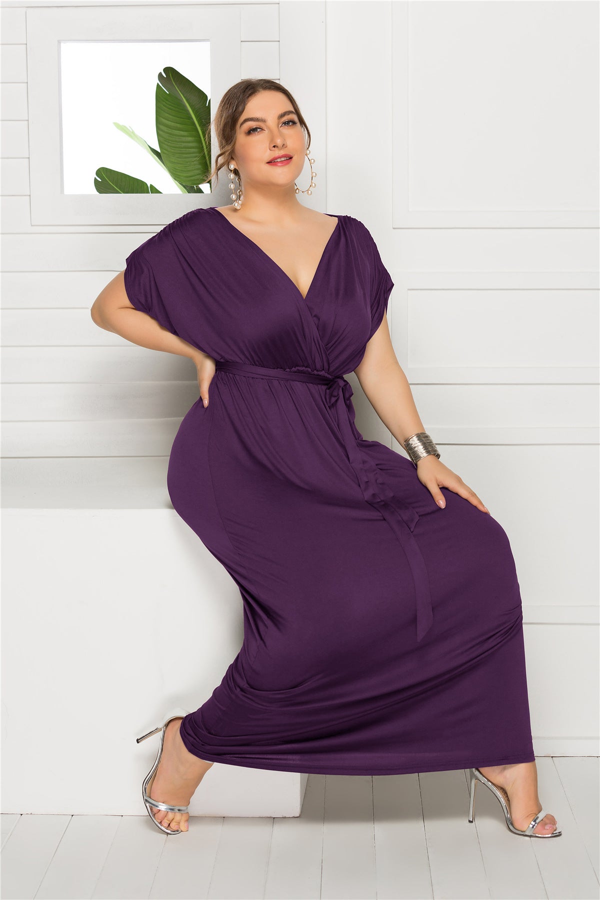Plus Size Women'S Sexy Solid Color V-Neck Loose Swing Dress 11