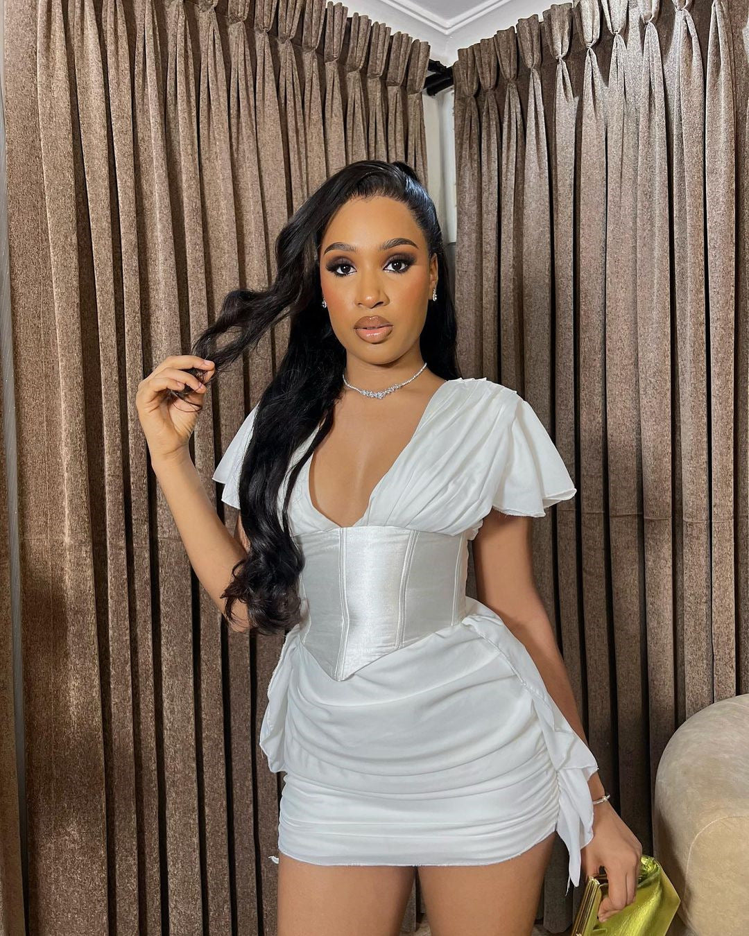 Women Summer V-Neck Short Sleeve Patchwork Pleated Mini Dress 3