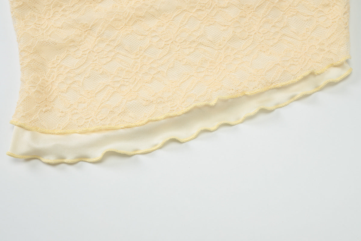 Women Summer Lace See-Through Ruffle Edge Crop Top and Skirt Two Piece Set 12