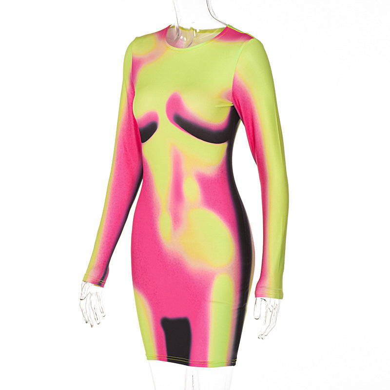 Women Spring and Summer Printed Round Neck Long Sleeve Bodycon Dress 10