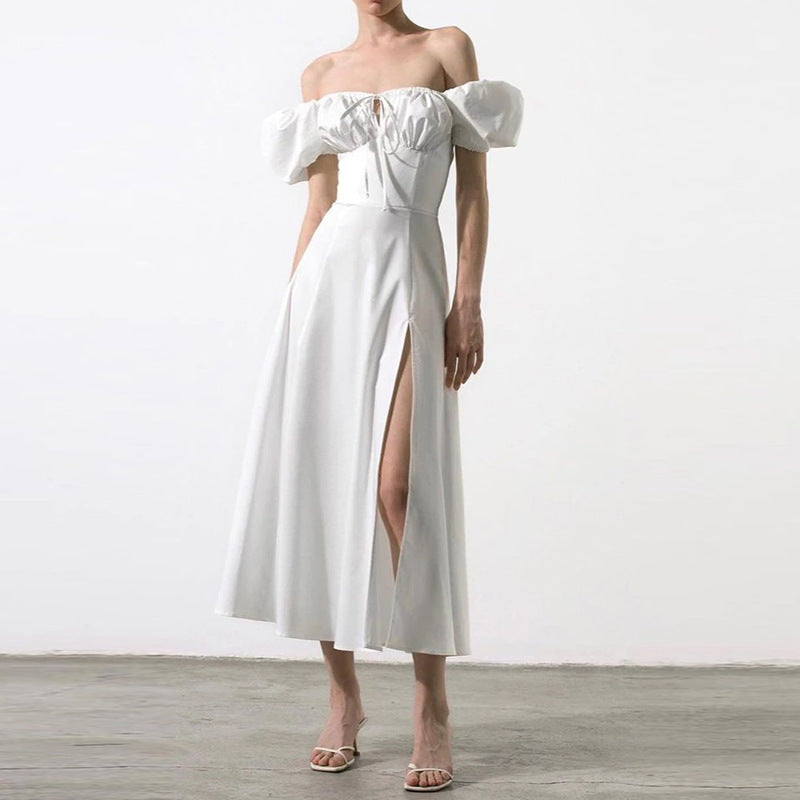 Spring Summer Dress Women's Slimming Off Shoulder Puff Sleeve Tie Slit Long Dress 5
