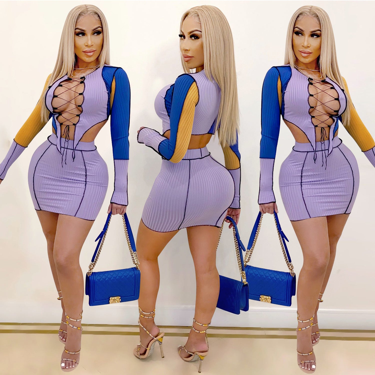 Women Lace-up Hollow Top and Skirt Two Piece Set 3