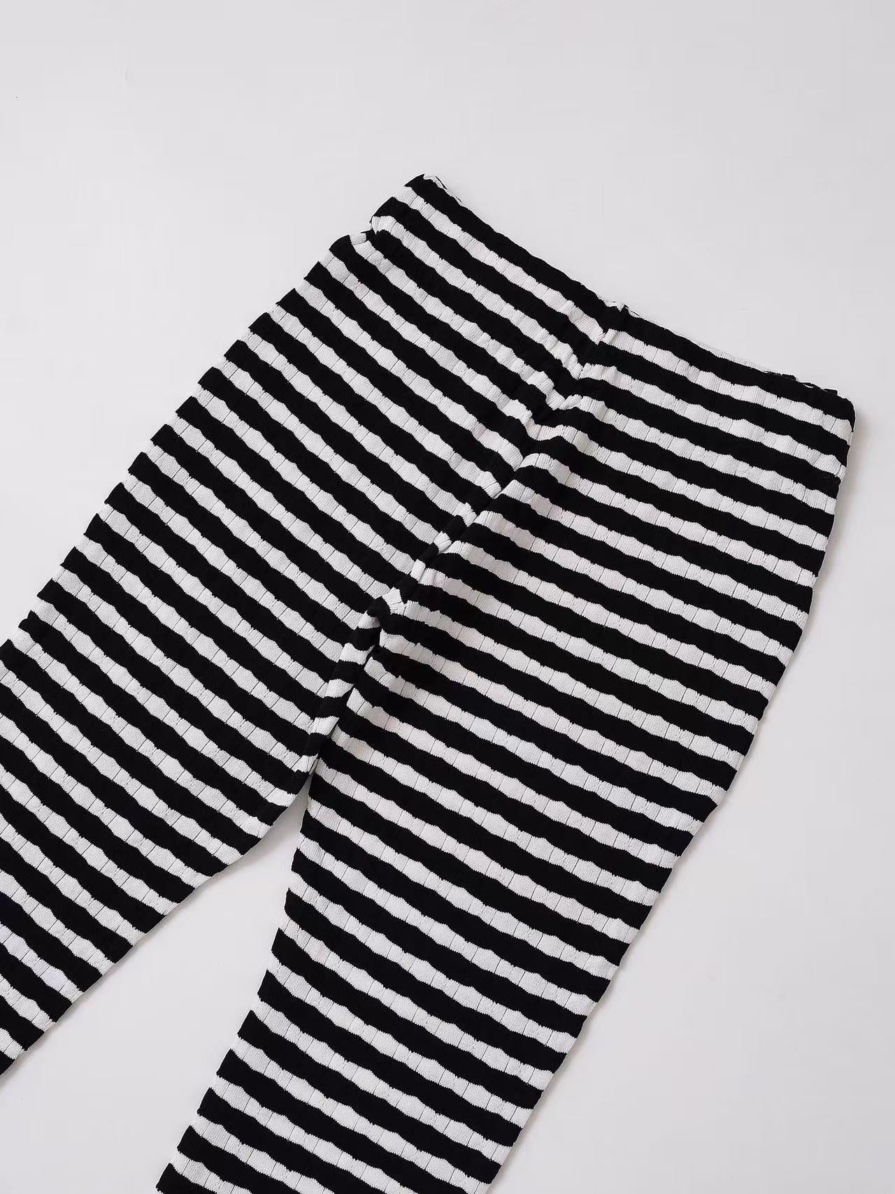 Fashion Turndown Collar Shirt & Striped Bell-Bottom Pants Summer Knit Set 33