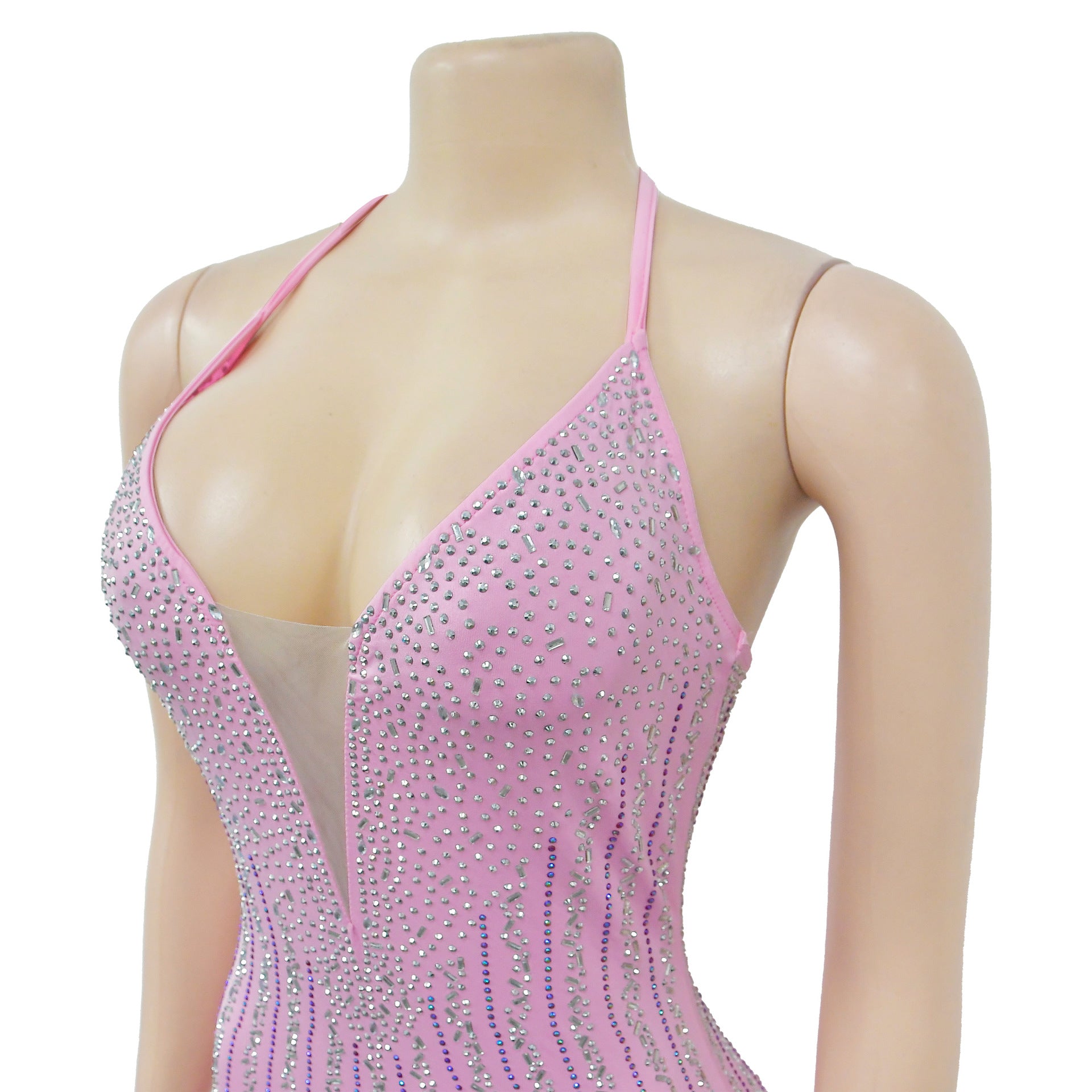 Women's Solid Color Beaded Mesh Feather Lace-Up Dress 18