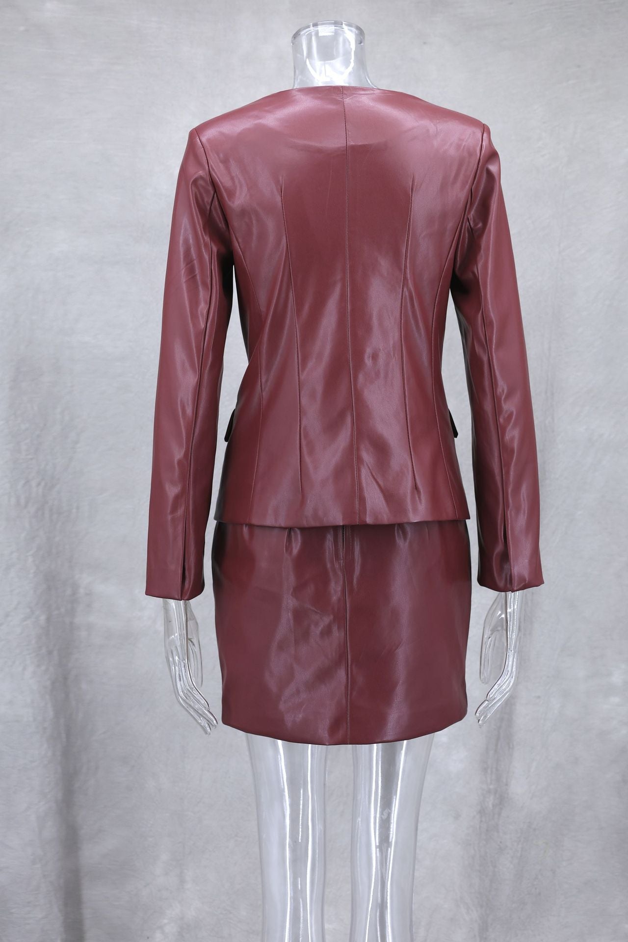 Autumn Winter Slim Fit Chic Leather Jacket Skirt Suit 12