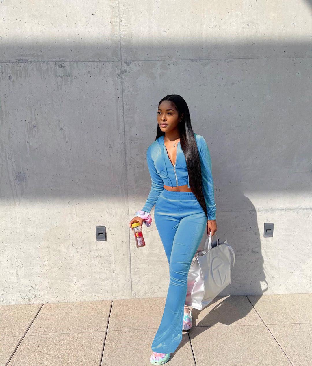 Women's Velvet Hooded Top Wide-Leg Pants Sports Casual Two Piece Set 7