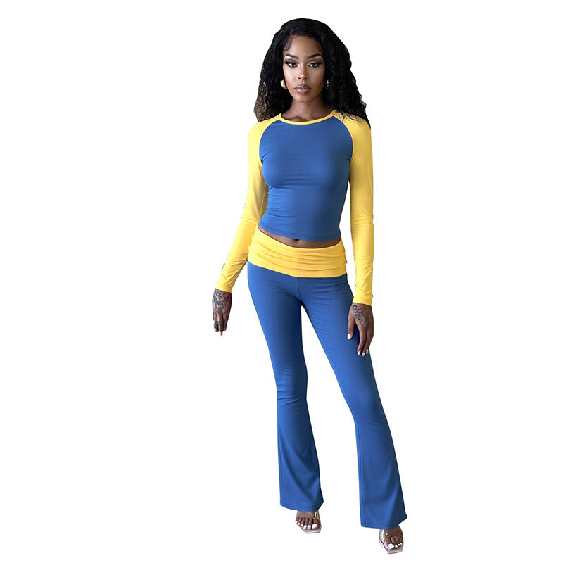 Women Contrast Raglan Long Sleeve Top and Folded Flared Trousers Two-Piece Set 14