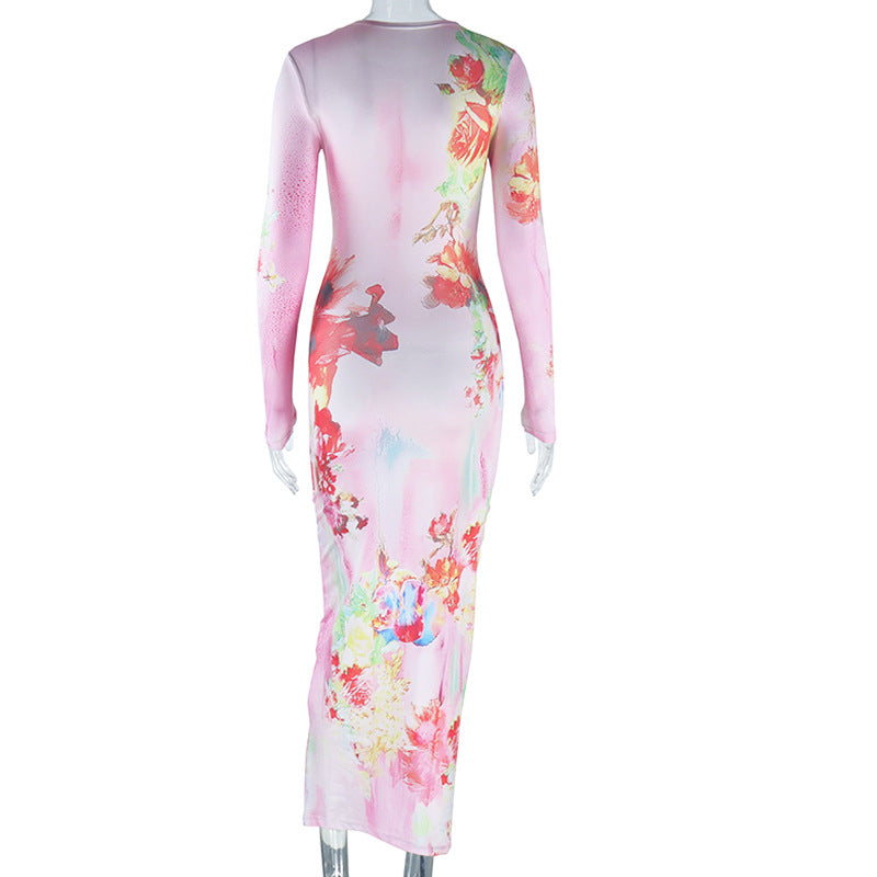 Women Printed Round Neck Long Sleeve Bodycon Maxi Dress 13