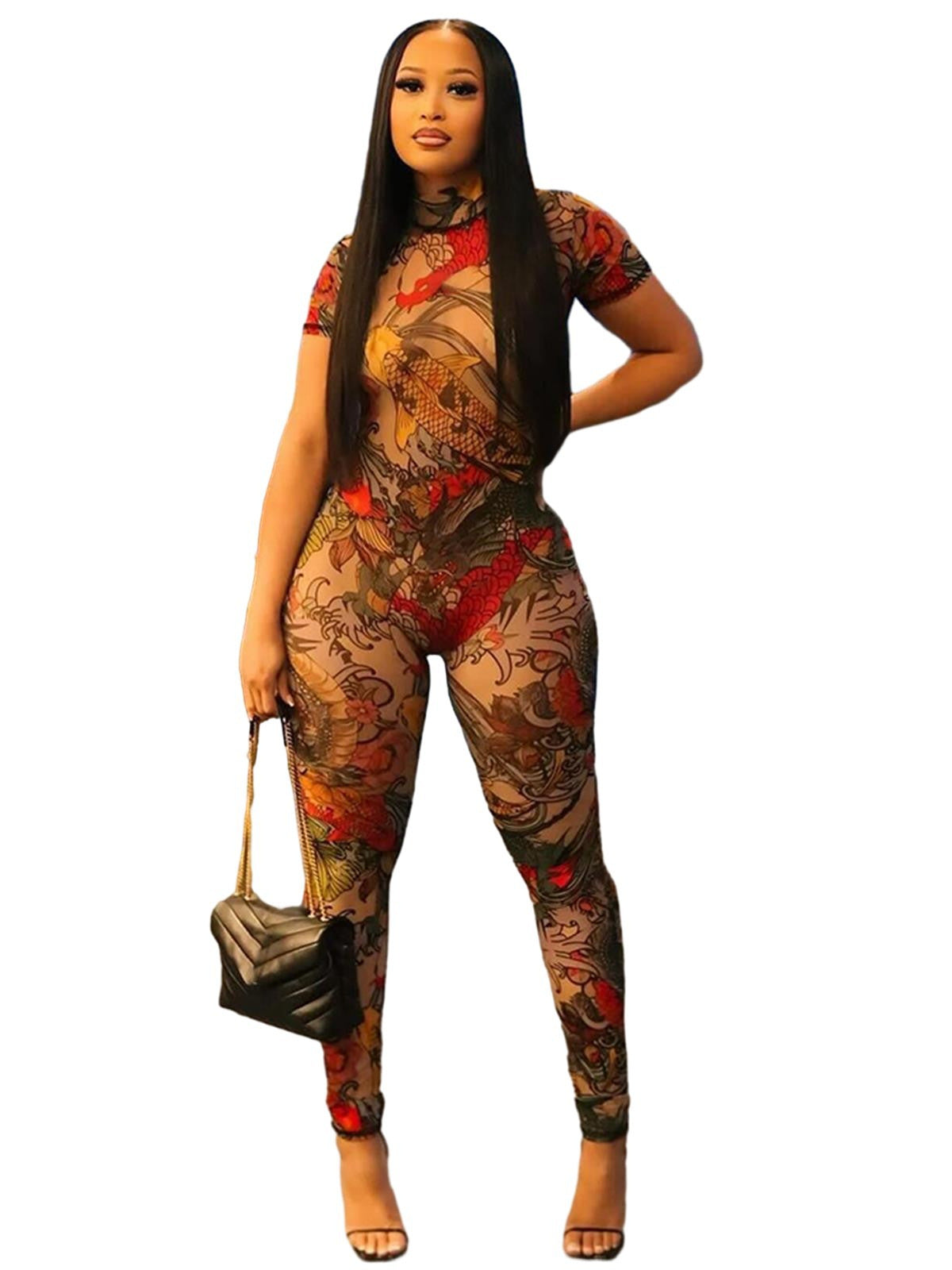 Women Sexy Backless Print See-Through Mesh Jumpsuit 11
