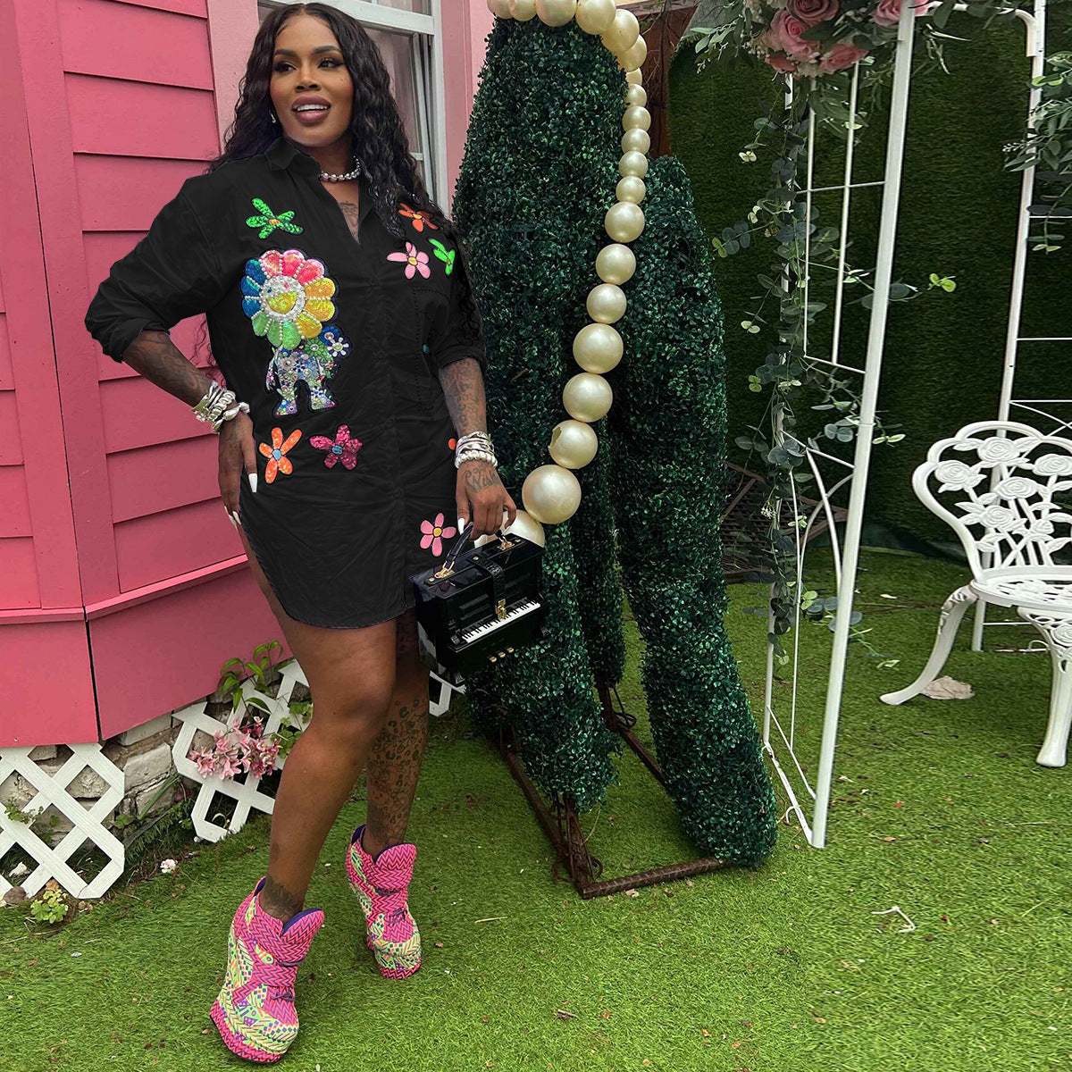 Women Printed Pearl Chain Style Long Sleeve Shirt 7