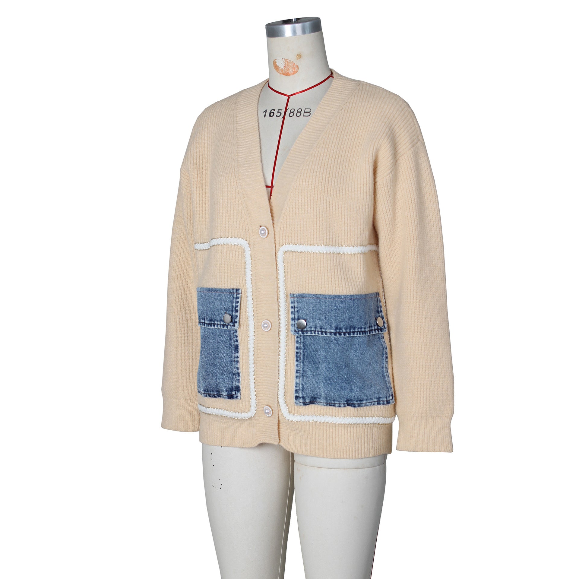 Women Patchwork Denim pocket cardigan sweater 18