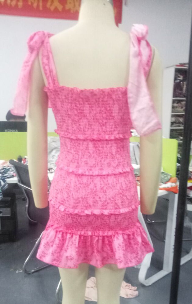Summer Casual Pink Ruffles Knotted Strap Mini Sundress 6