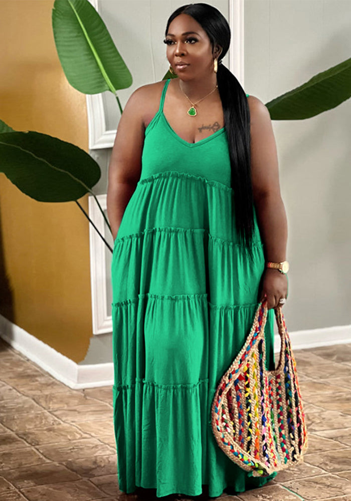 Summer Plus Size Women's Solid Color Sexy Camisole Pleated Patchwork Fashion Casual Dress