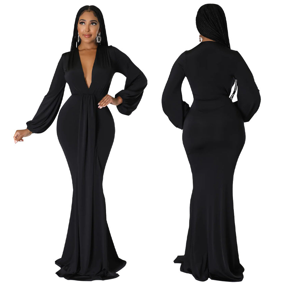 Women Autumn Sexy Slim Deep V-Neck Long Sleeve Dress Dress 6
