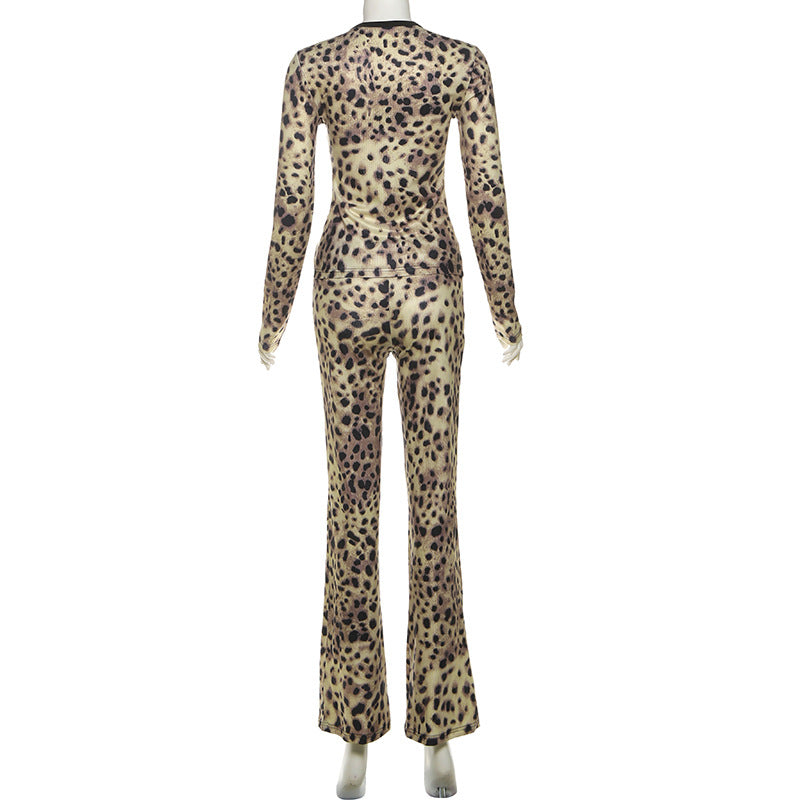 Women's Autumn Style Round Neck Button Contrast Color Long Sleeve Top & High-Waist Slim Fit Pants Set 14