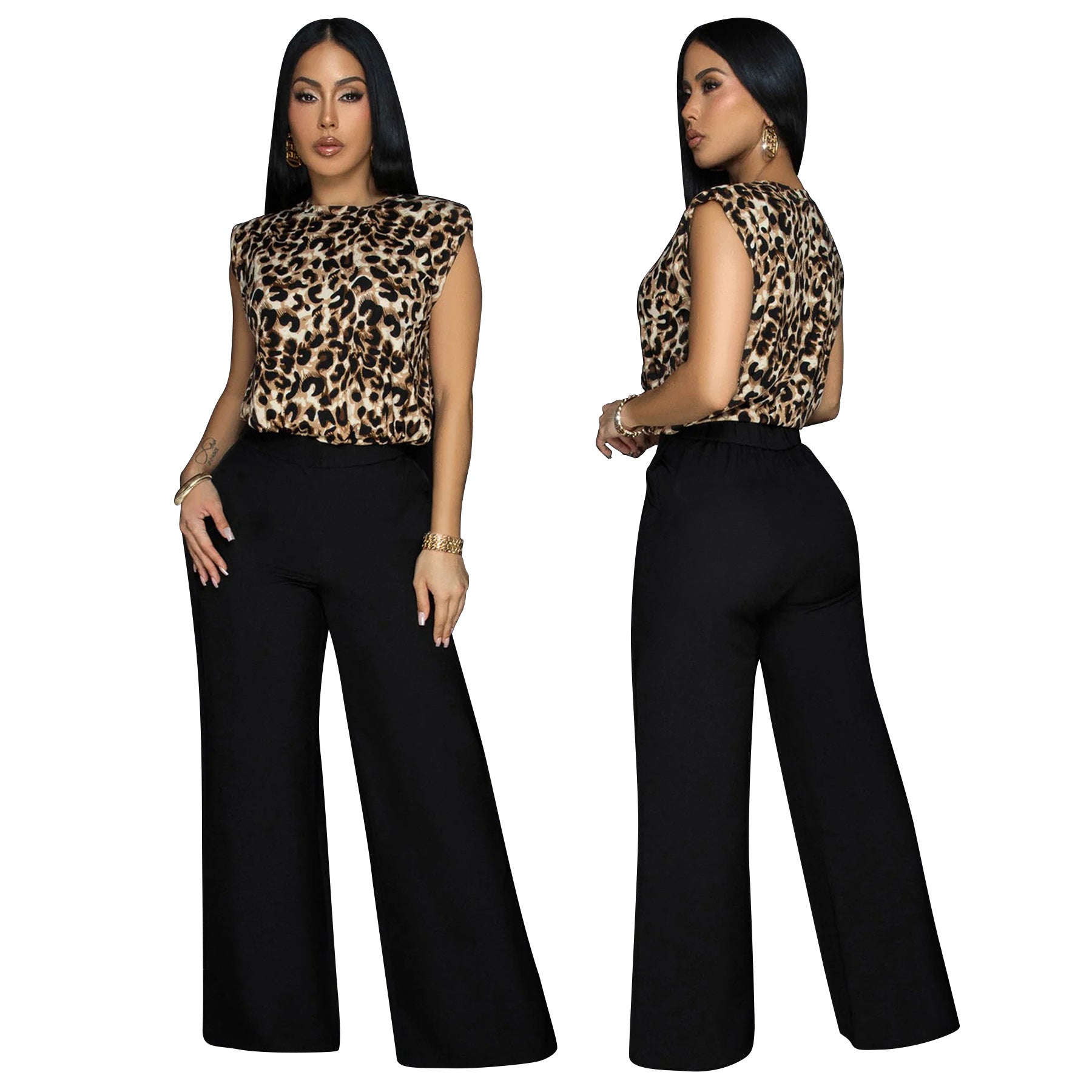 Leopard Print Sleeveless Top Straight Pants Casual Two-Piece Set 3