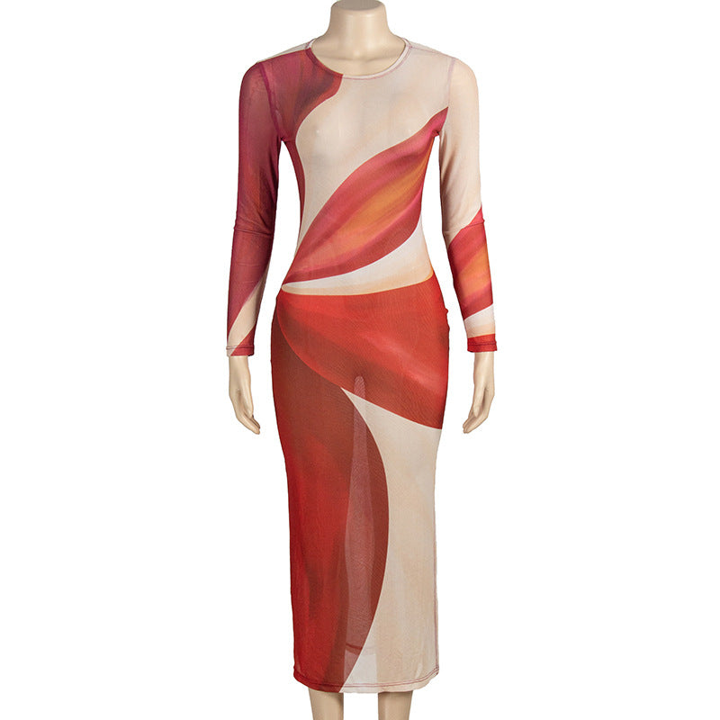 Women Spring Round Neck Long Sleeve Sexy Mesh Print Maxi Dress 6