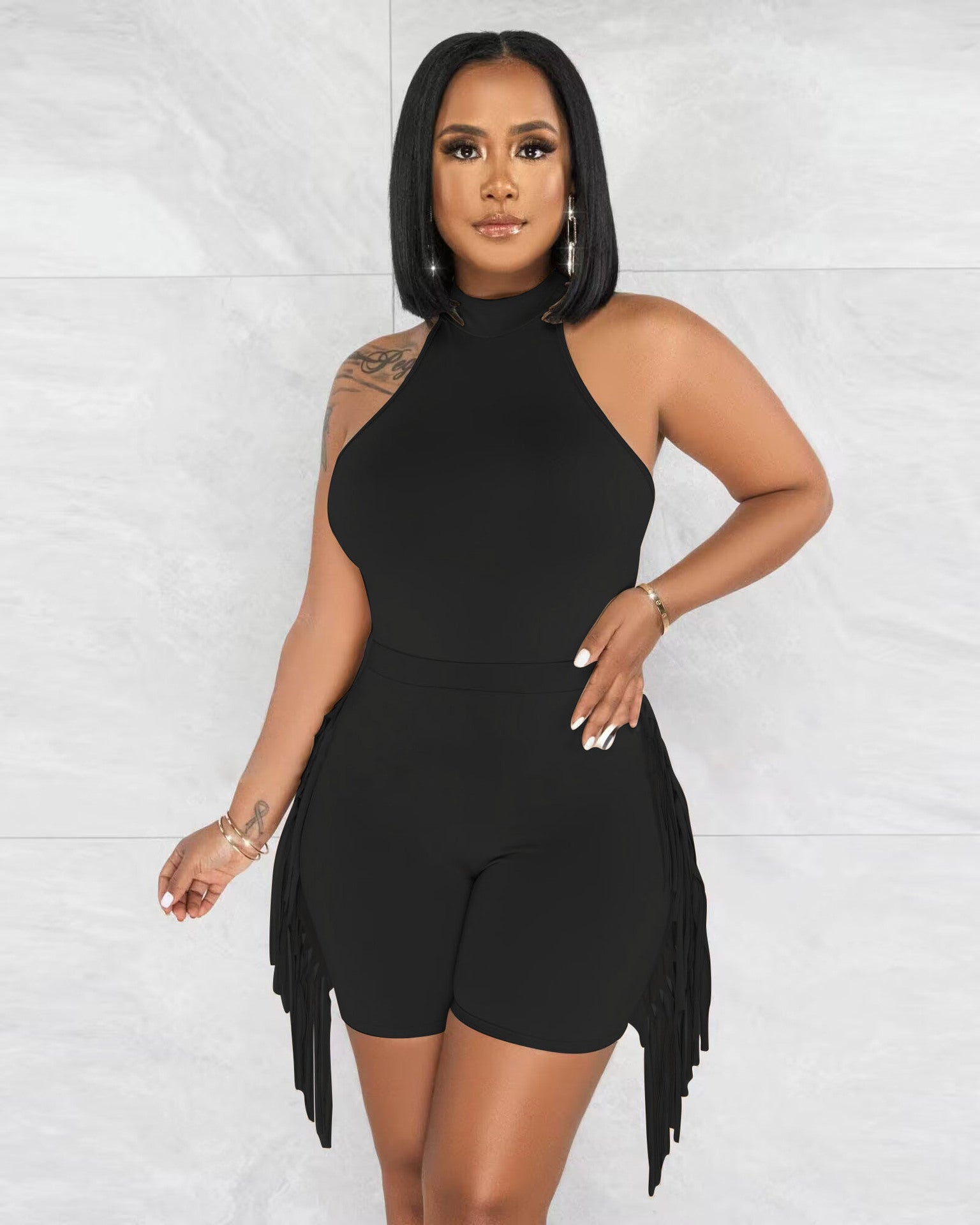 Women's fashion sports ofringed shorts two-piece set