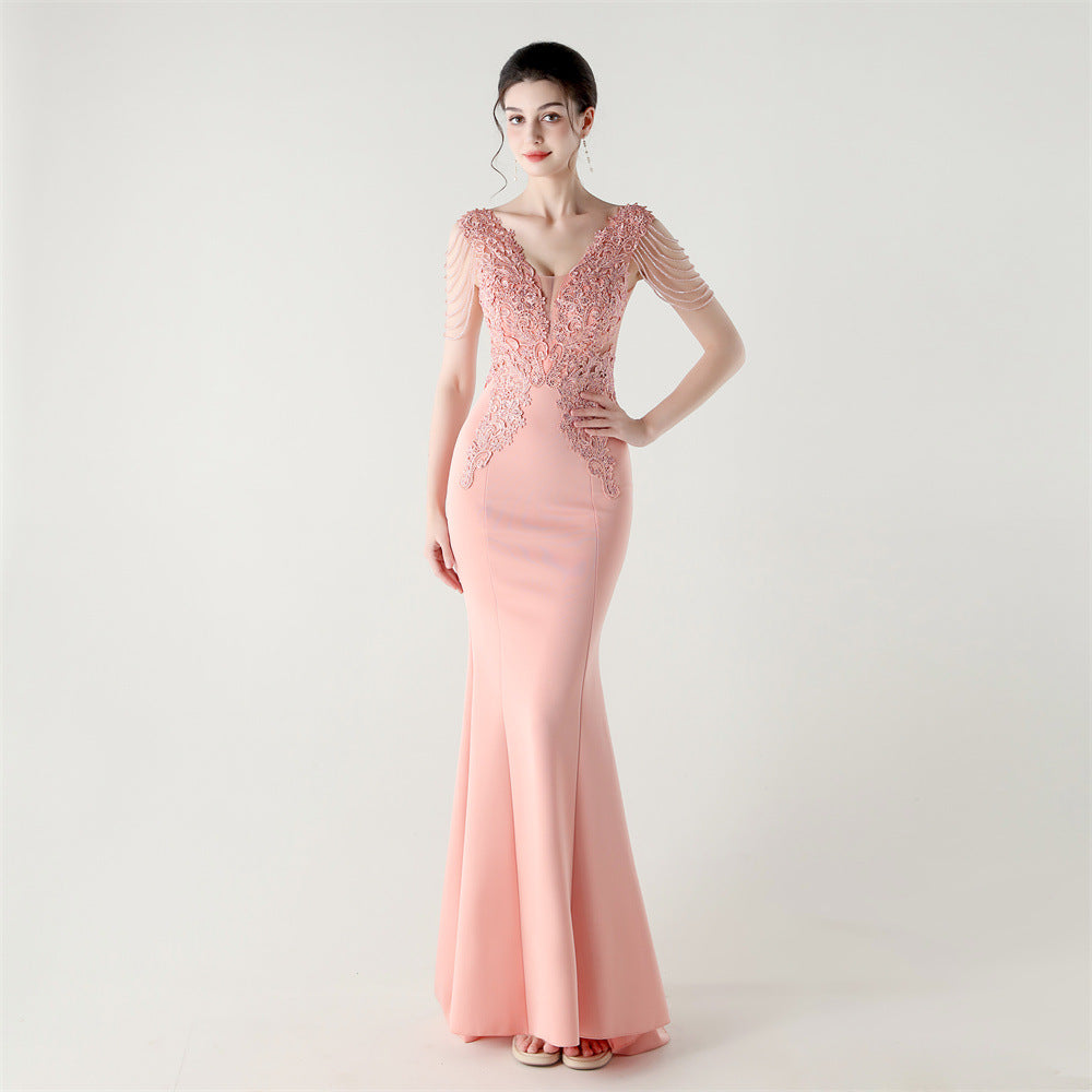 Women lace Beaded Lace-Up Formal Party evening dress 3