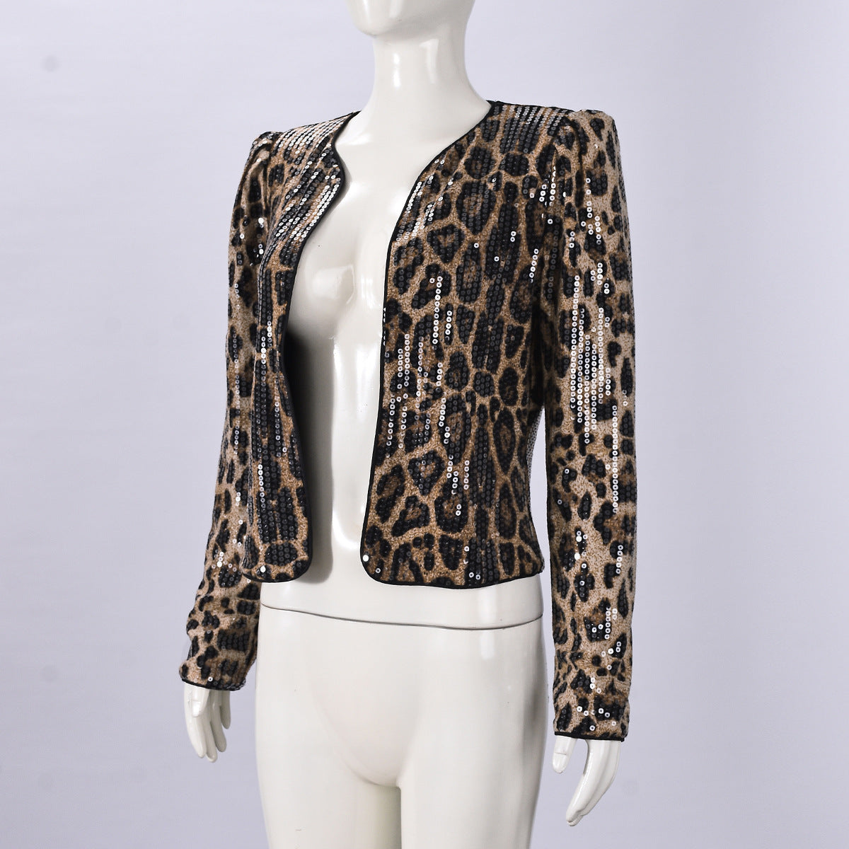 Women Leopard Sequin Long-Sleeved Blazer Coat 9
