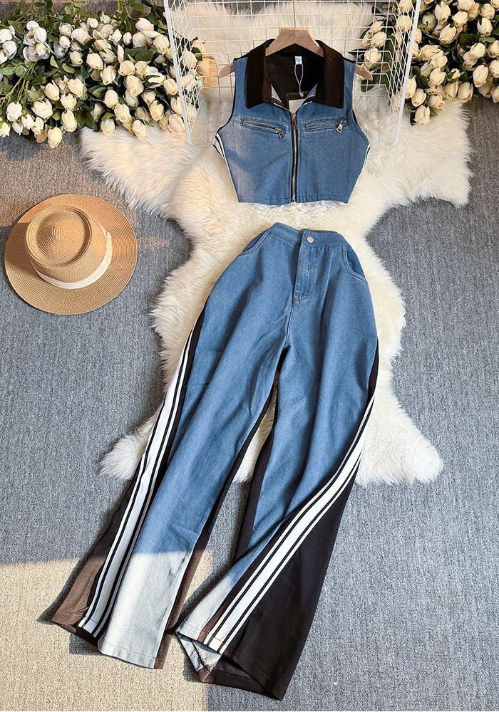 Summer Fashion Sleeveless Short Denim Patchwork Top Wide Leg Trousers Contrast Color Two piece Set for Women