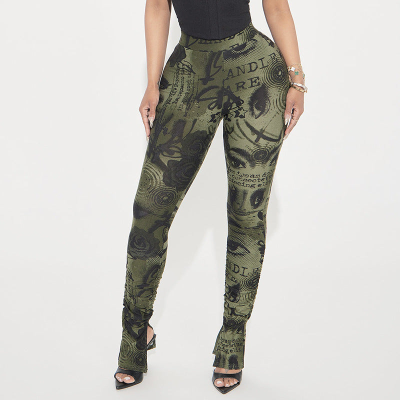 Women Spring/Summer Printed Stretchy Slit Gathered Casual Pants 4