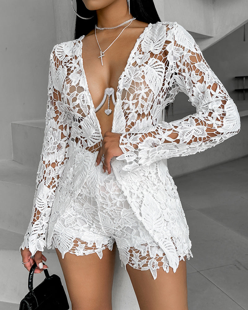 Women Hollow Solid Long Sleeve Shirt Shorts Two Piece Set 8