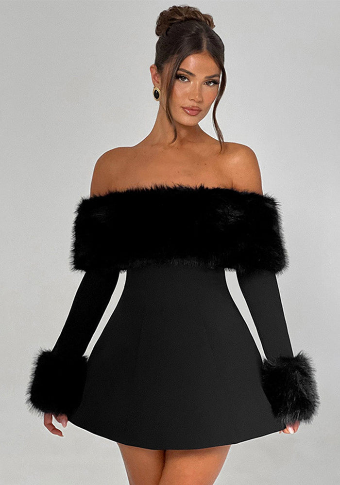 Women Fall Winter Off Shoulder fur collar sexy Dress