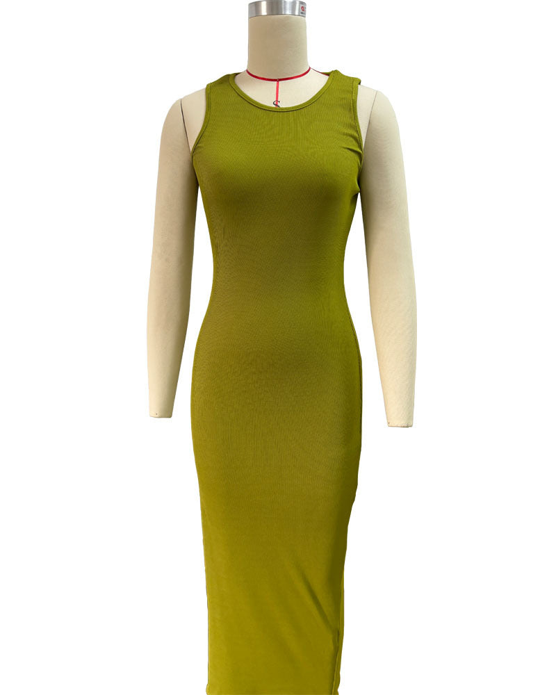 Women's Ribbed Sleeveless Round Neck Slim Long Dress 13